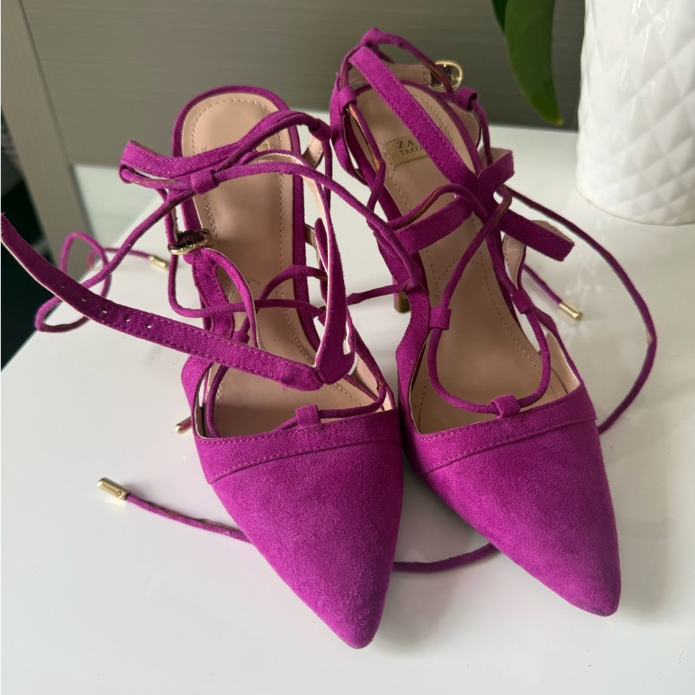 Zara Magenta Pointed Lace-Up Heels